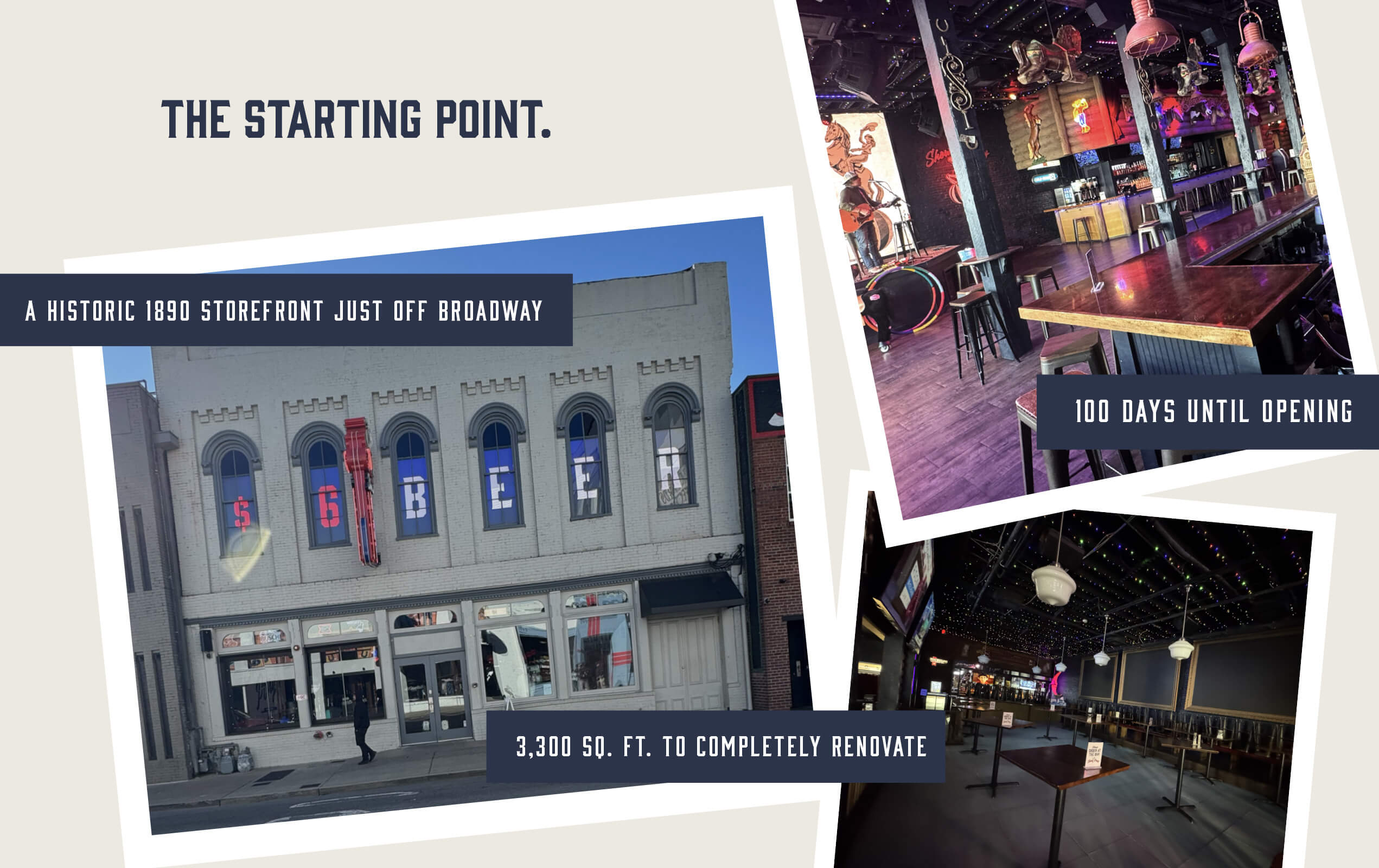 Collage of images showing a historic 1890 storefront building with BEE sign in its upper windows, an interior bar area with wooden tables and stools under decorative lighting, and a large empty event space with string lights and tables ready for renovation, labeled as having 3,300 square feet to renovate and 100 days until opening.