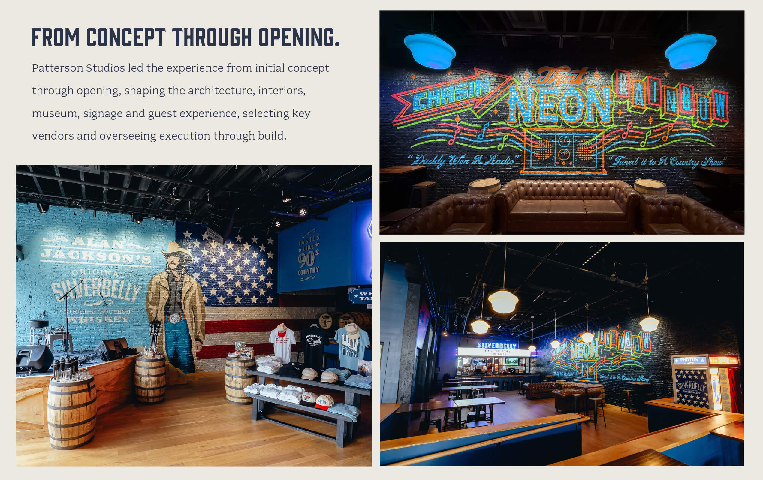 Three images showing the interior of a themed venue: one with a mural of Alan Jackson and the American flag on a blue brick wall beside whiskey barrels and merchandise tables; another with a neon sign reading 'Chasin That Neon Rainbow' above brown leather sofas; and a wider shot of the seating area with tables, neon signs, and a photo booth.