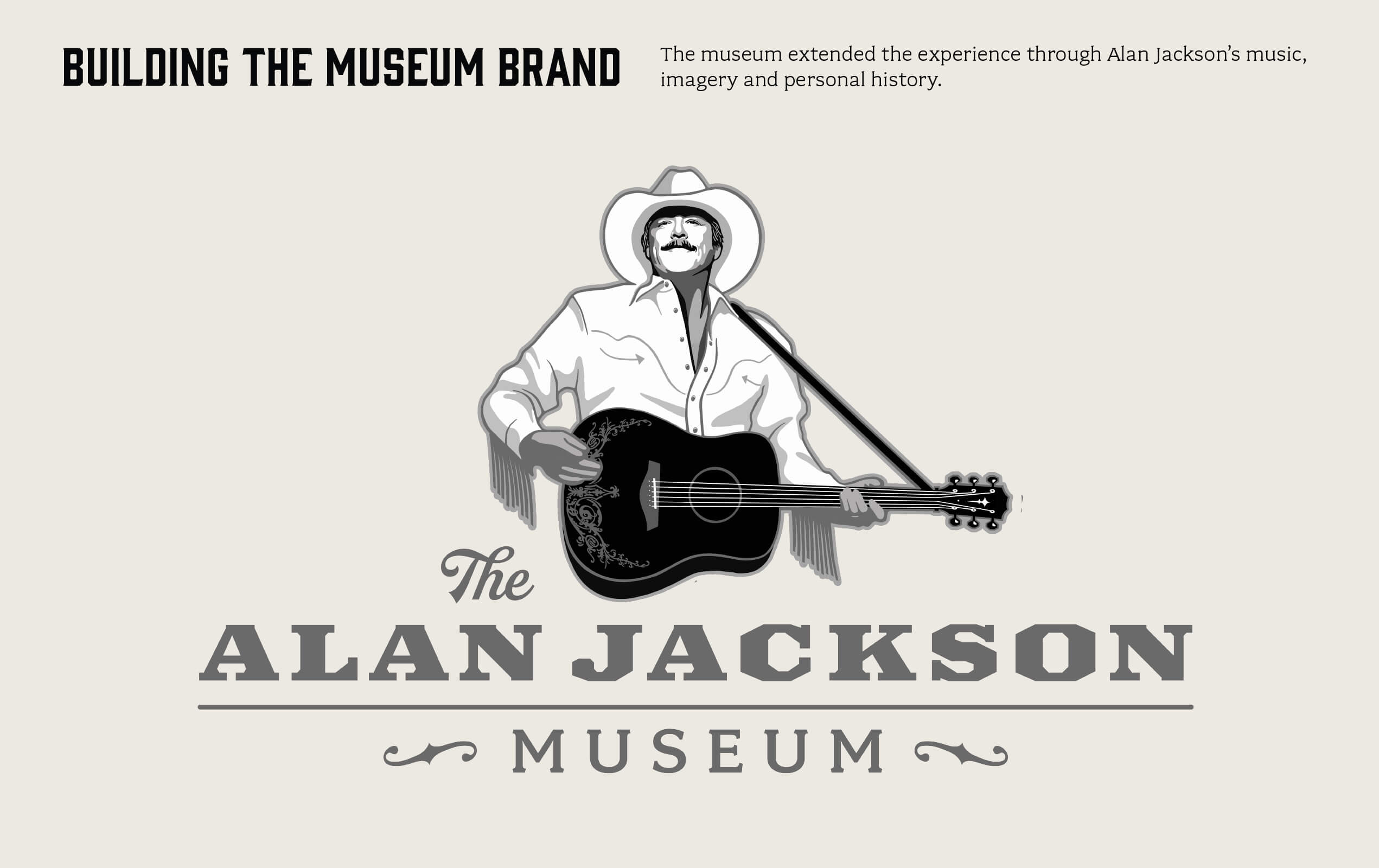 Logo featuring a stylized illustration of a man wearing a cowboy hat and fringed shirt playing a black acoustic guitar, with the text "The Alan Jackson Museum" below in bold and decorative fonts, and a caption stating the museum extends experience through Alan Jackson’s music, imagery, and personal history.