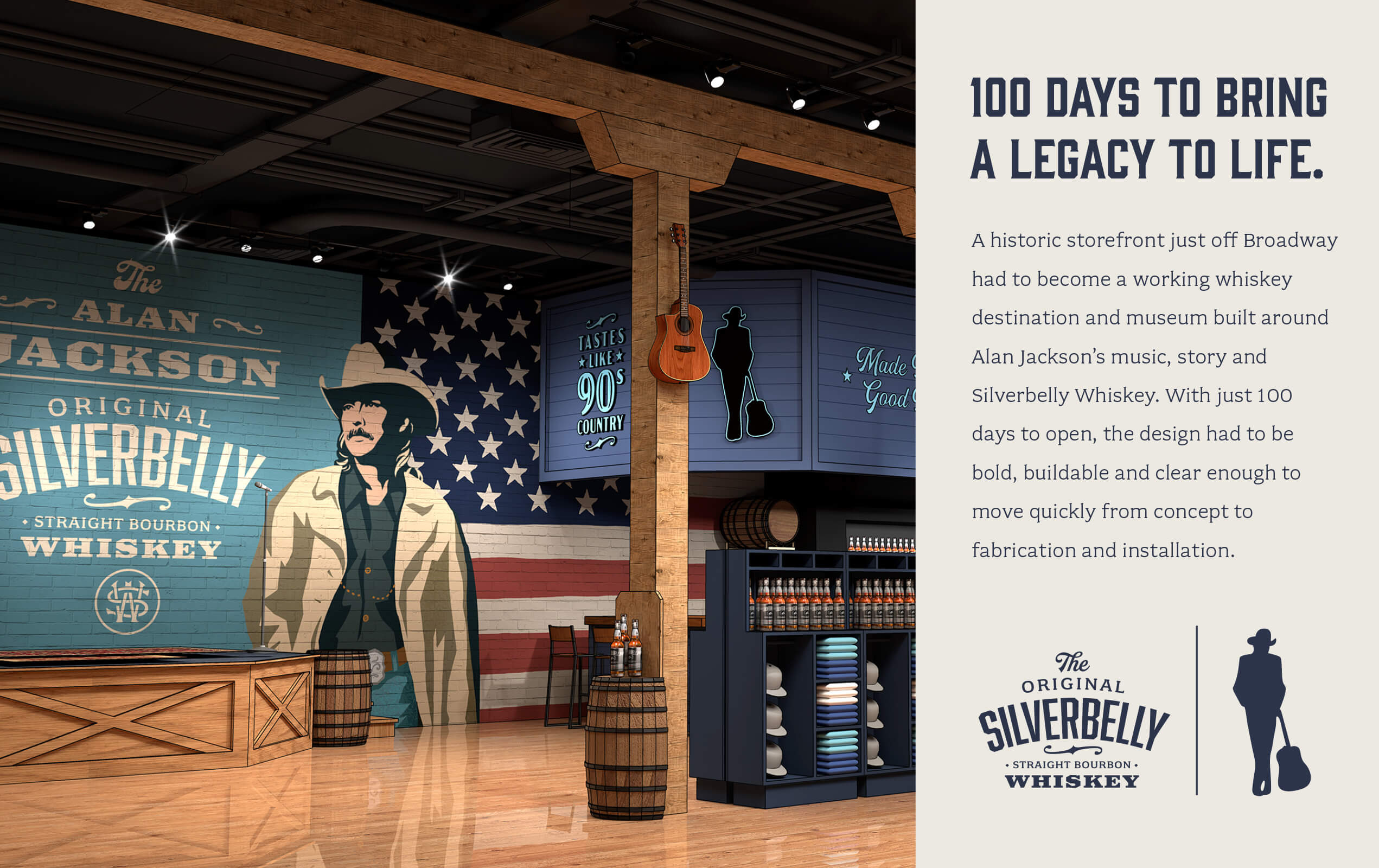 Interior of a whiskey museum and store with a large mural of a man in a cowboy hat against an American flag background, wooden barrels, shelves of whiskey bottles and folded clothes, a hanging guitar on a wooden pillar, and text about opening a whiskey destination honoring Alan Jackson and Silverbelly Whiskey in 100 days.