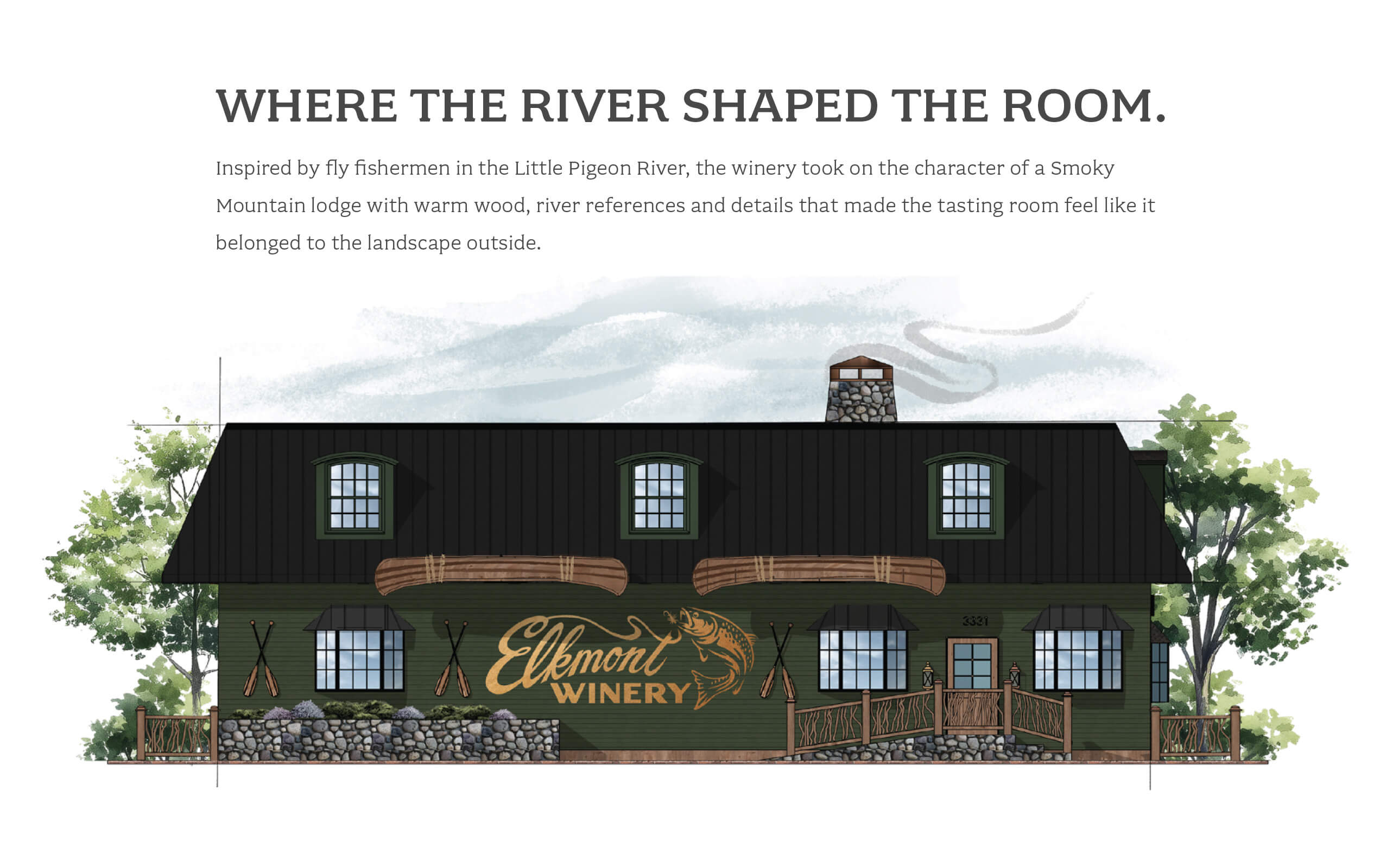 Illustration of a dark green lodge-style building with a metal roof and stone foundation, labeled 'Ellemont Winery' with a fish and canoe motif, surrounded by trees.