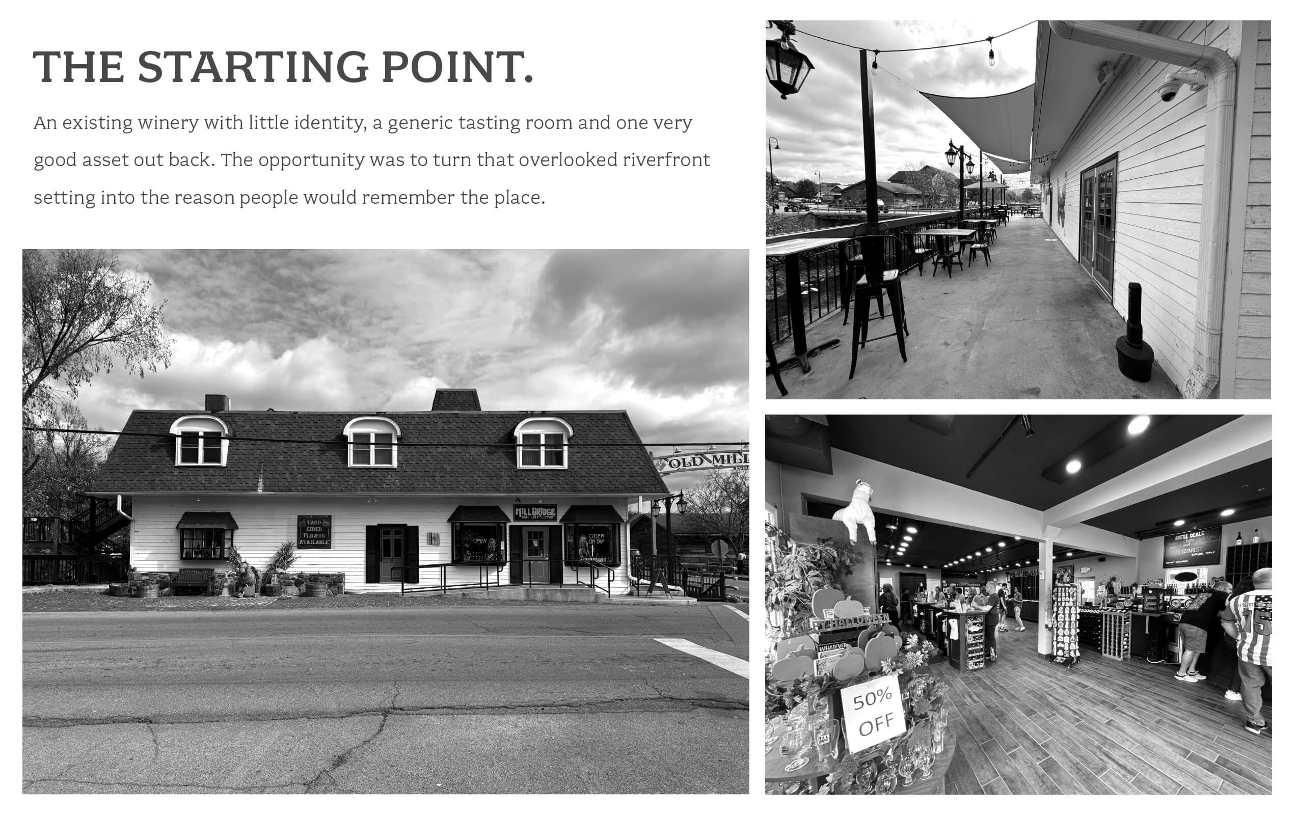 Collage of three black-and-white photos showing an old winery building with signs for tastings, an empty outdoor patio with tables and chairs along a riverfront, and an interior shot of a tasting room with people, a display with a 50% off sign, and wine bottles on shelves.