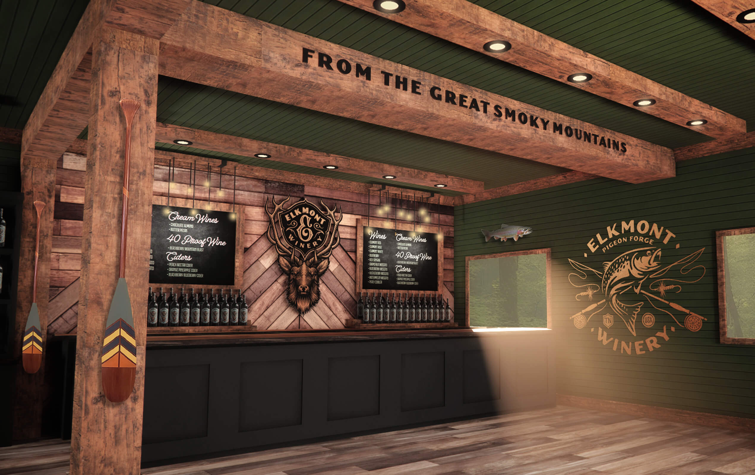 Interior of Elk Mont Winery tasting room with wood beams, dark green walls, two paddles mounted on a wooden pillar, a wall-mounted fish, bottles lined up on the bar, chalkboard-style menus, and a logo featuring a stag with antlers and a fish with fly fishing hooks and rods, under the phrase 'From the Great Smoky Mountains'.