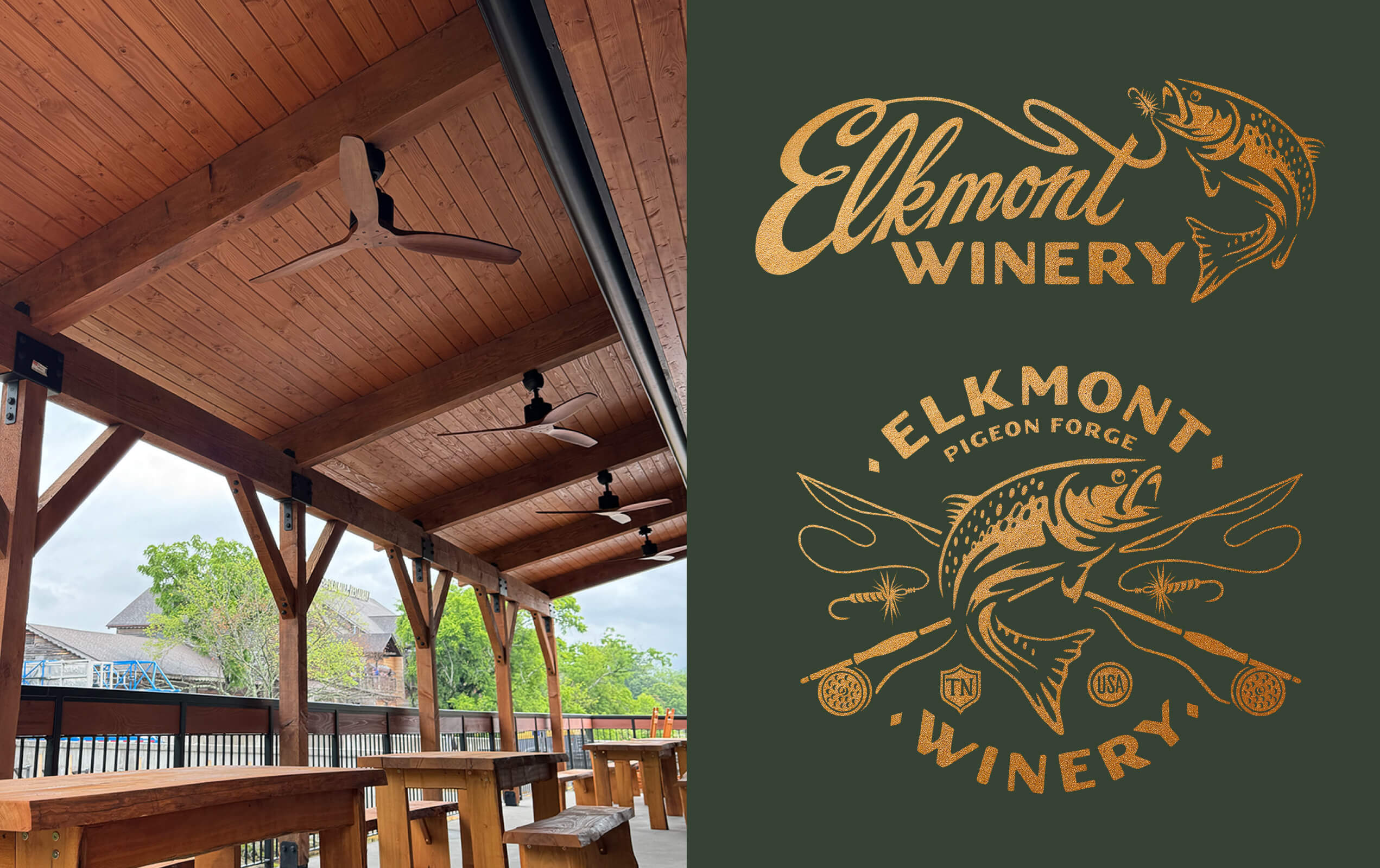 Outdoor covered patio with wooden ceiling, ceiling fans, wooden tables, and benches overlooking greenery and a building, next to two Elkmont Winery logos with a fish and fishing hook design.