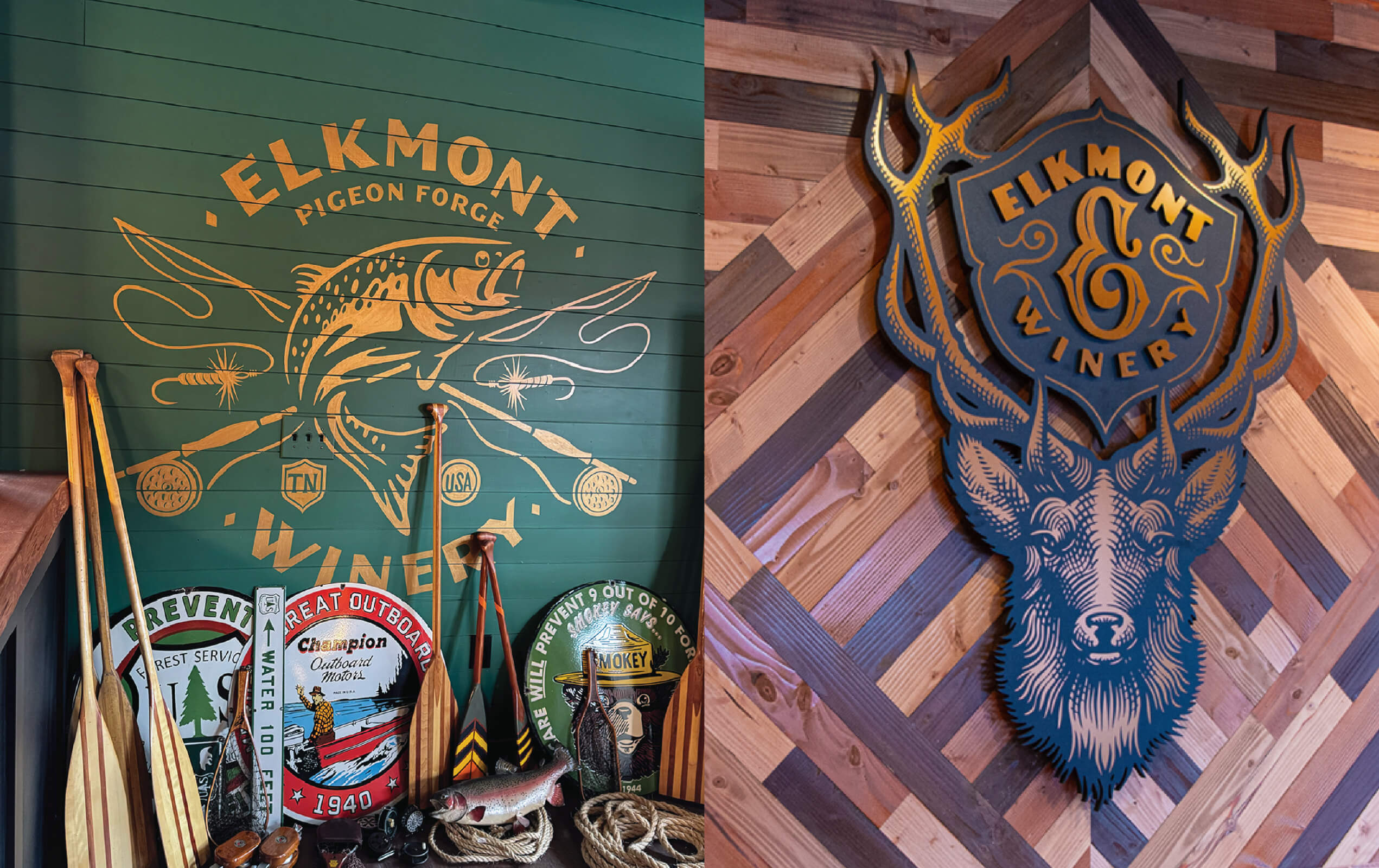 Two wall displays at Elkmont Winery: left side features a green wall with a gold graphic of a fish, fishing rods, and text 'Elkmont Pigeon Forge Winery' surrounded by wooden paddles and vintage signs; right side shows a wooden geometric patterned wall with a large blue and gold deer head emblem with 'Elkmont Winery' text.