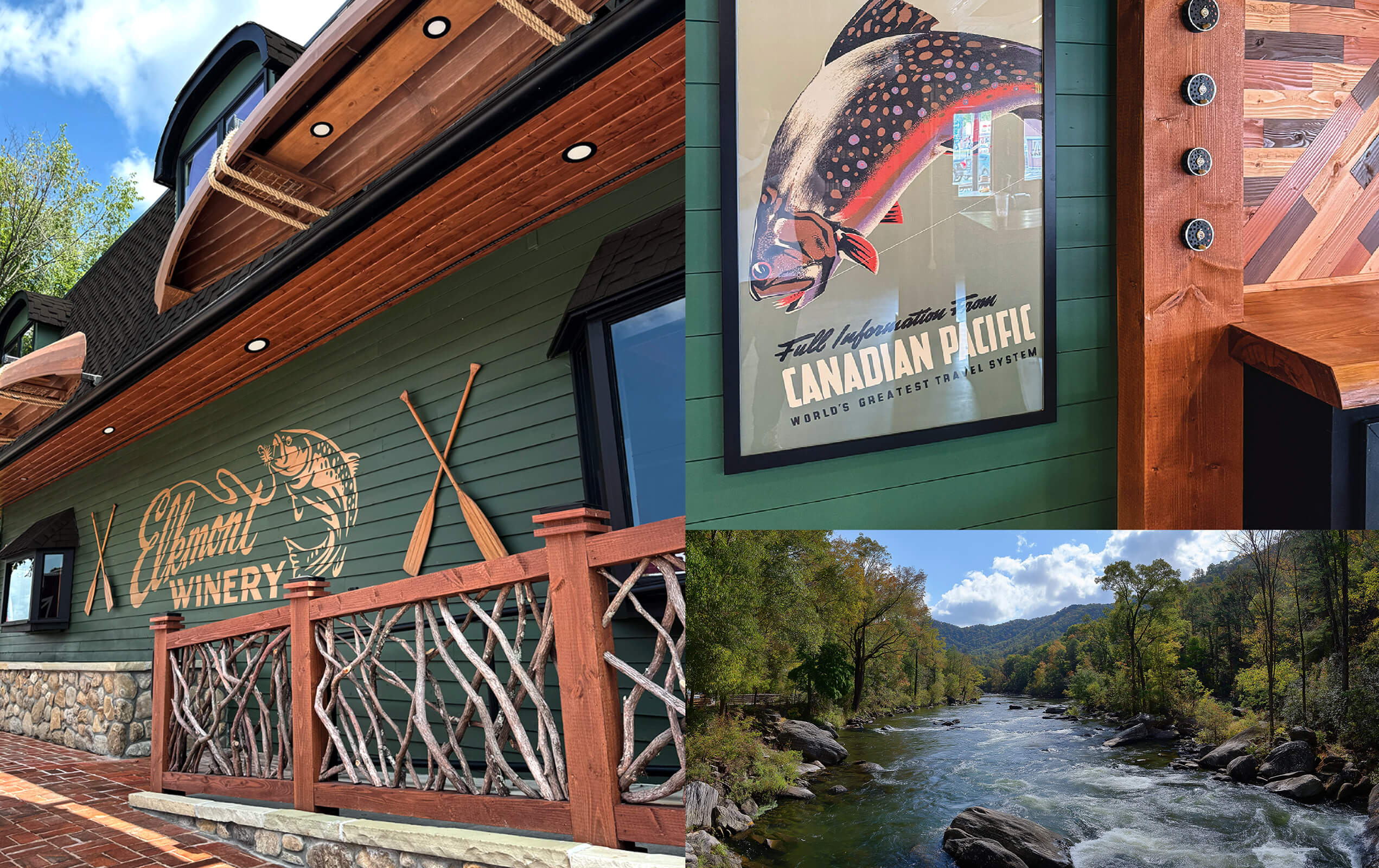 Collage of three images: a green building with wooden canoe and oars mounted, labeled 'Elkmont Winery' with a fish logo; a framed vintage poster of a spotted fish advertising Canadian Pacific, with fishing reel handles on a wooden frame nearby; and a scenic river flowing through a forested valley under a partly cloudy sky.