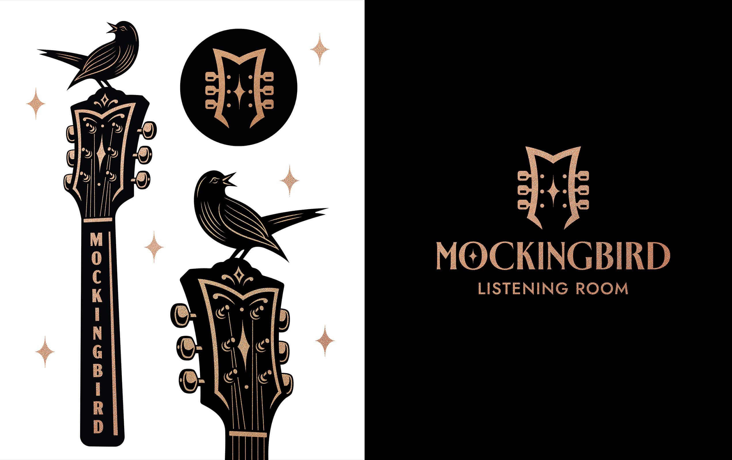 Illustration of two black guitar headstocks with decorative gold details, each with a blackbird perched on top, and a circular emblem showing a stylized guitar headstock, alongside the text 'MOCKINGBIRD' and 'LISTENING ROOM' in gold on a black background.