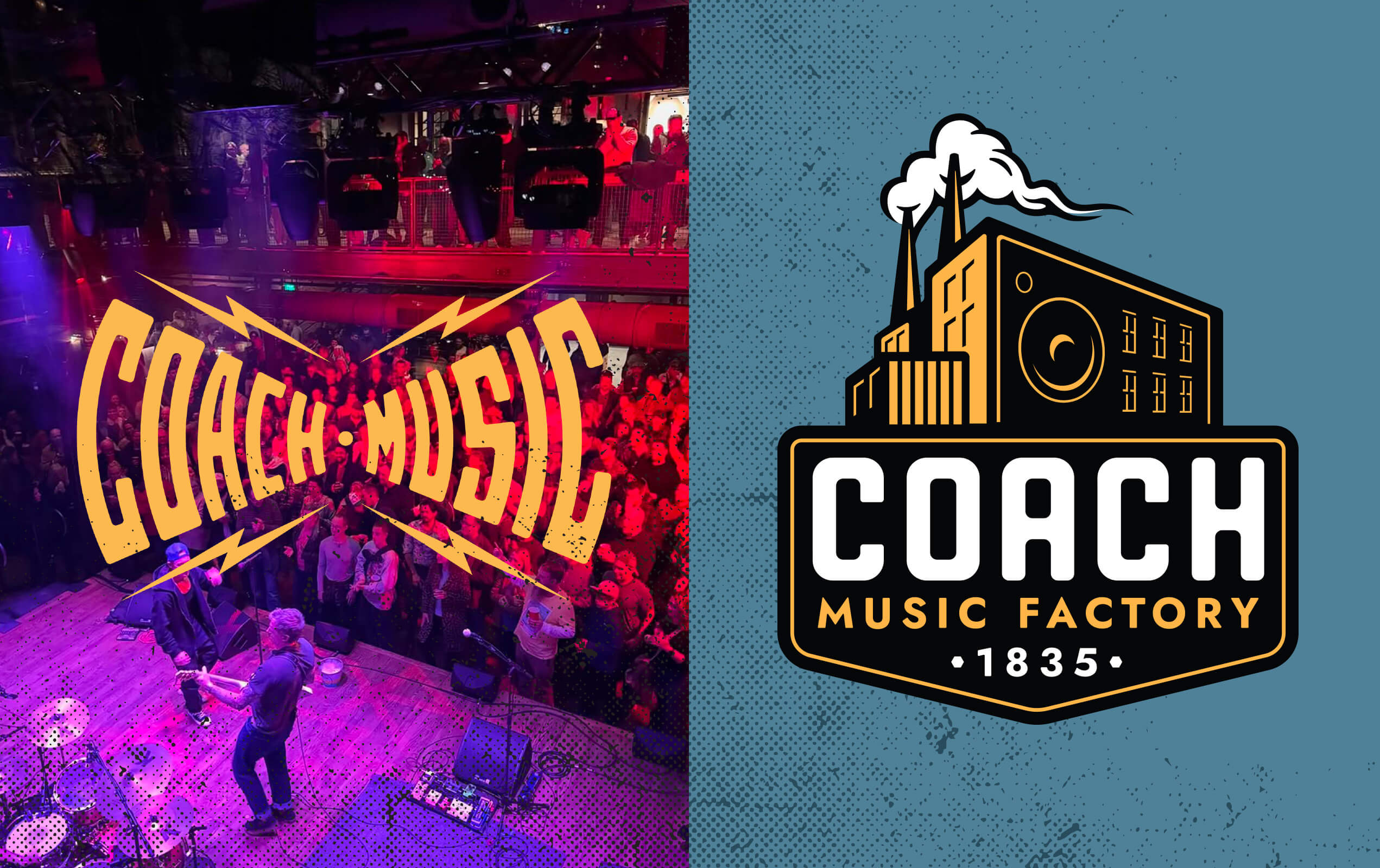 Left side shows a band performing on stage with a crowd watching under purple and red lighting with the stylized text 'COACH MUSIC' overlaying the scene. Right side features the Coach Music Factory logo depicting a factory building with speakers and smoke stacks, with the text 'COACH MUSIC FACTORY 1835' below it on a blue background.