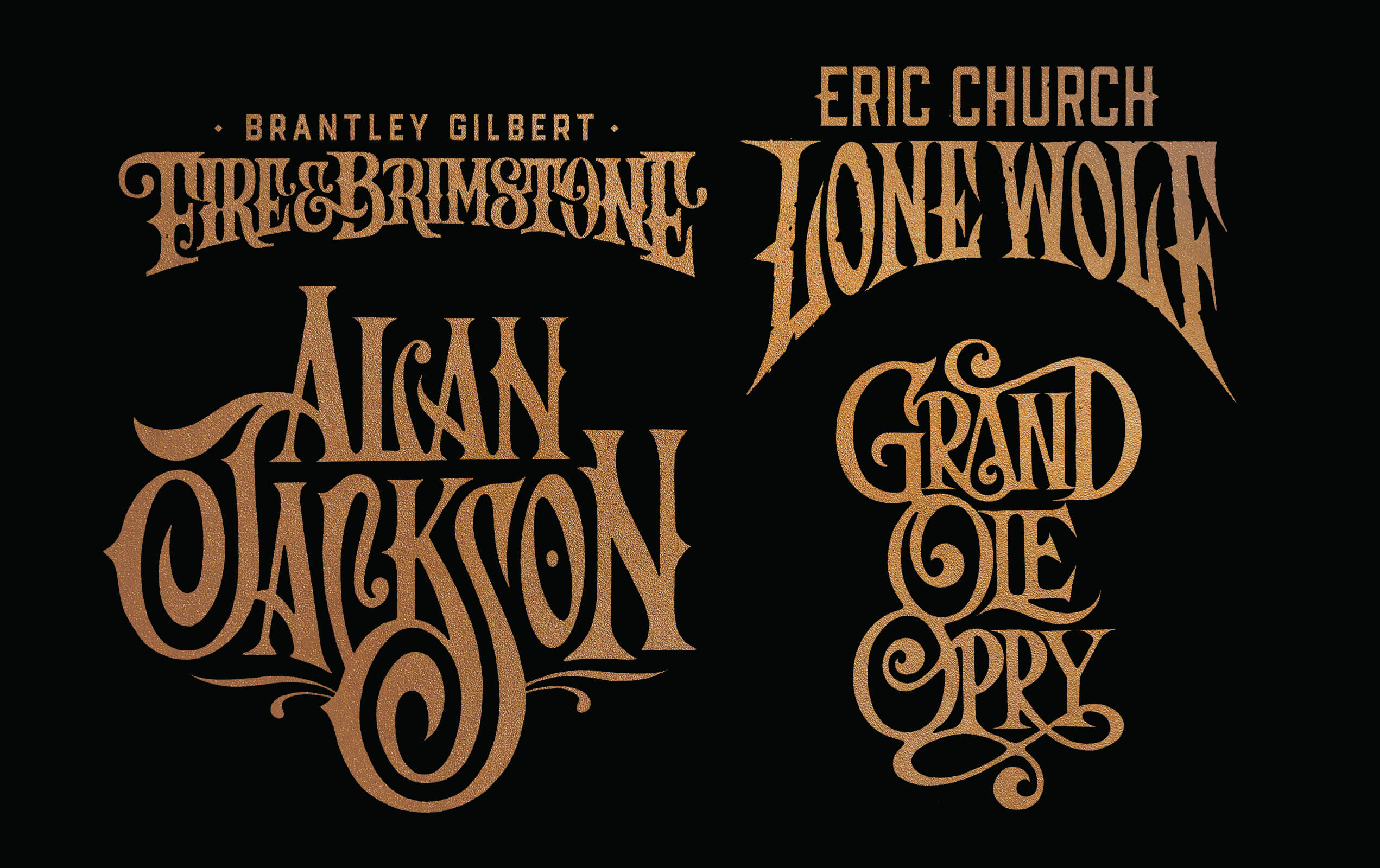 Stylized text with names and titles: Brantley Gilbert above 'Fire & Brimstone', Allan Jackson in large curly font, Eric Church above 'Lone Wolf', and 'Grand Ole Opry' in a decorative stacked design on black background.
