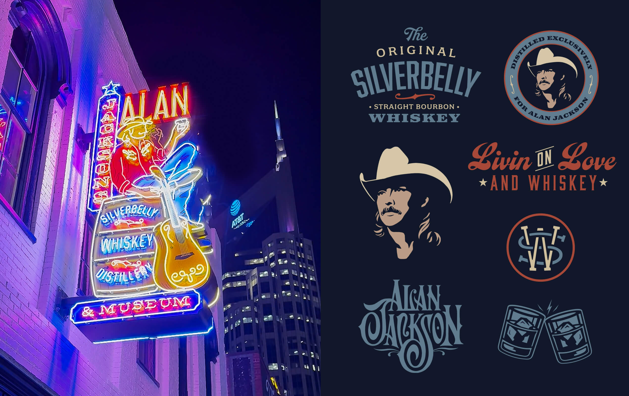 Left side shows a colorful neon sign on a brick building for Alan Jackson’s Silverbelly Whiskey Distillery & Museum, featuring a cowboy with a hat, holding a drink, and a guitar. The right side displays various logos and graphics related to Alan Jackson and Silverbelly Whiskey, including a cowboy silhouette, the phrases "The Original Silverbelly Straight Bourbon Whiskey" and "Livin on Love and Whiskey," an exclusive distillation badge for Alan Jackson, stylized initials 'AJ,' and clinking whiskey glasses with ice.