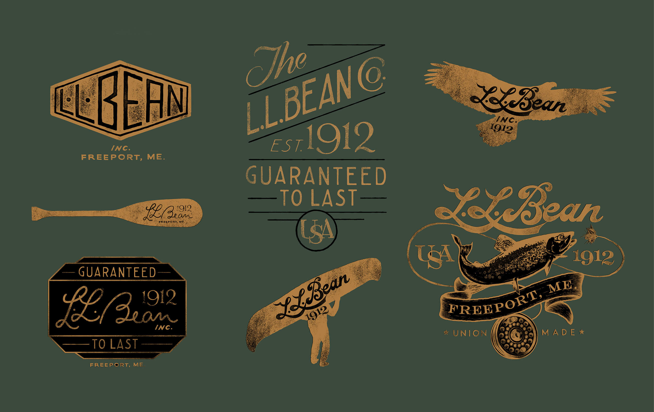 Collection of vintage-style L.L.Bean logos and graphics on a dark green background, featuring text like 'L.L. Bean Inc. Freeport, ME,' 'Guaranteed to Last,' 'Est. 1912,' a canoe with a person carrying it, an eagle silhouette, a fish, a fishing reel, and a paddle.