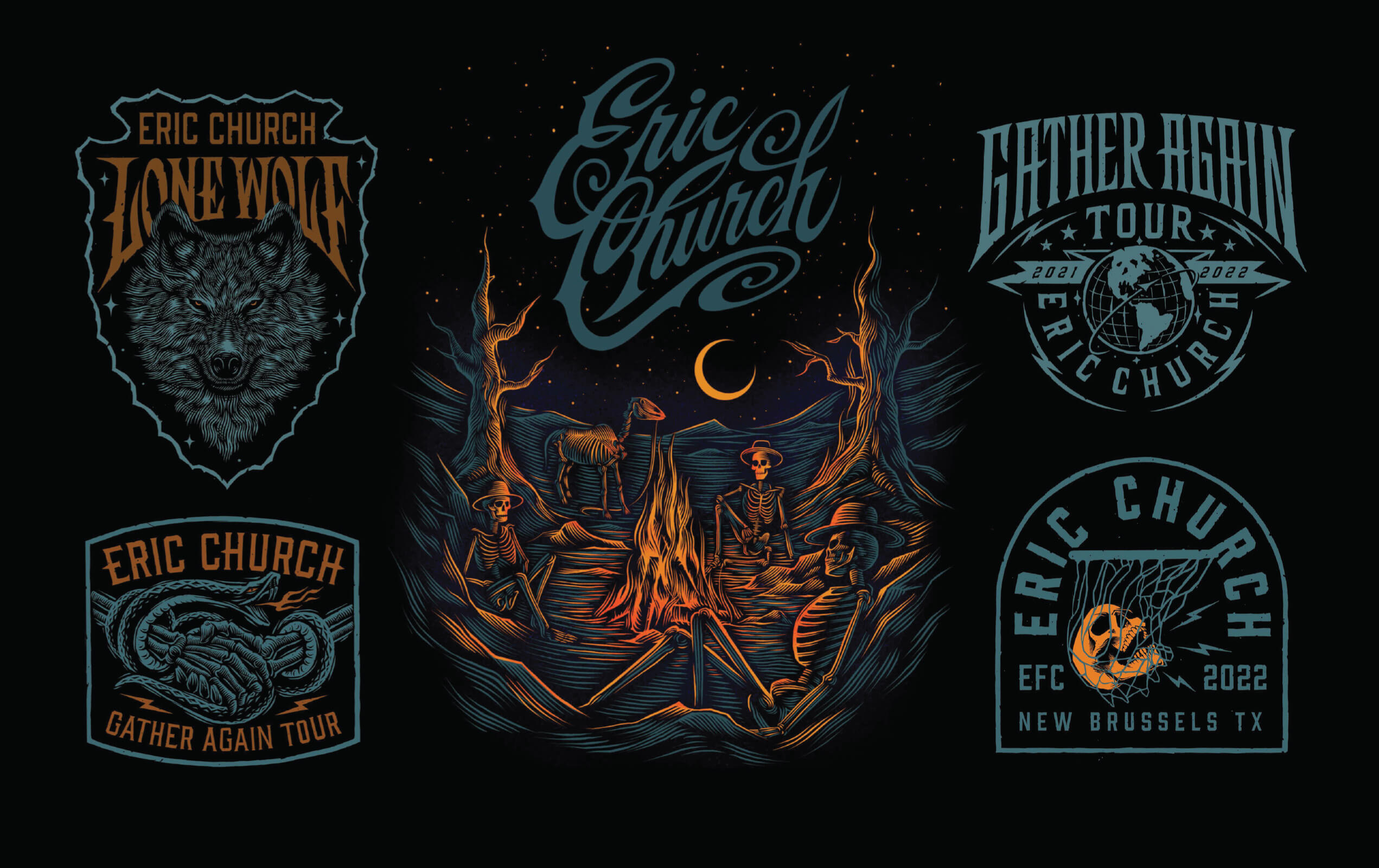 A dark graphic collage of Eric Church tour logos and artwork featuring a detailed wolf head with 'Lone Wolf' text, intertwined hands with 'Gather Again Tour' text, skeletal figures sitting around a campfire with a crescent moon and barren trees, and two more logos referencing the Gather Again Tour with a globe and a skeletal figure in a net, mentioning New Brussels, TX and 2022.