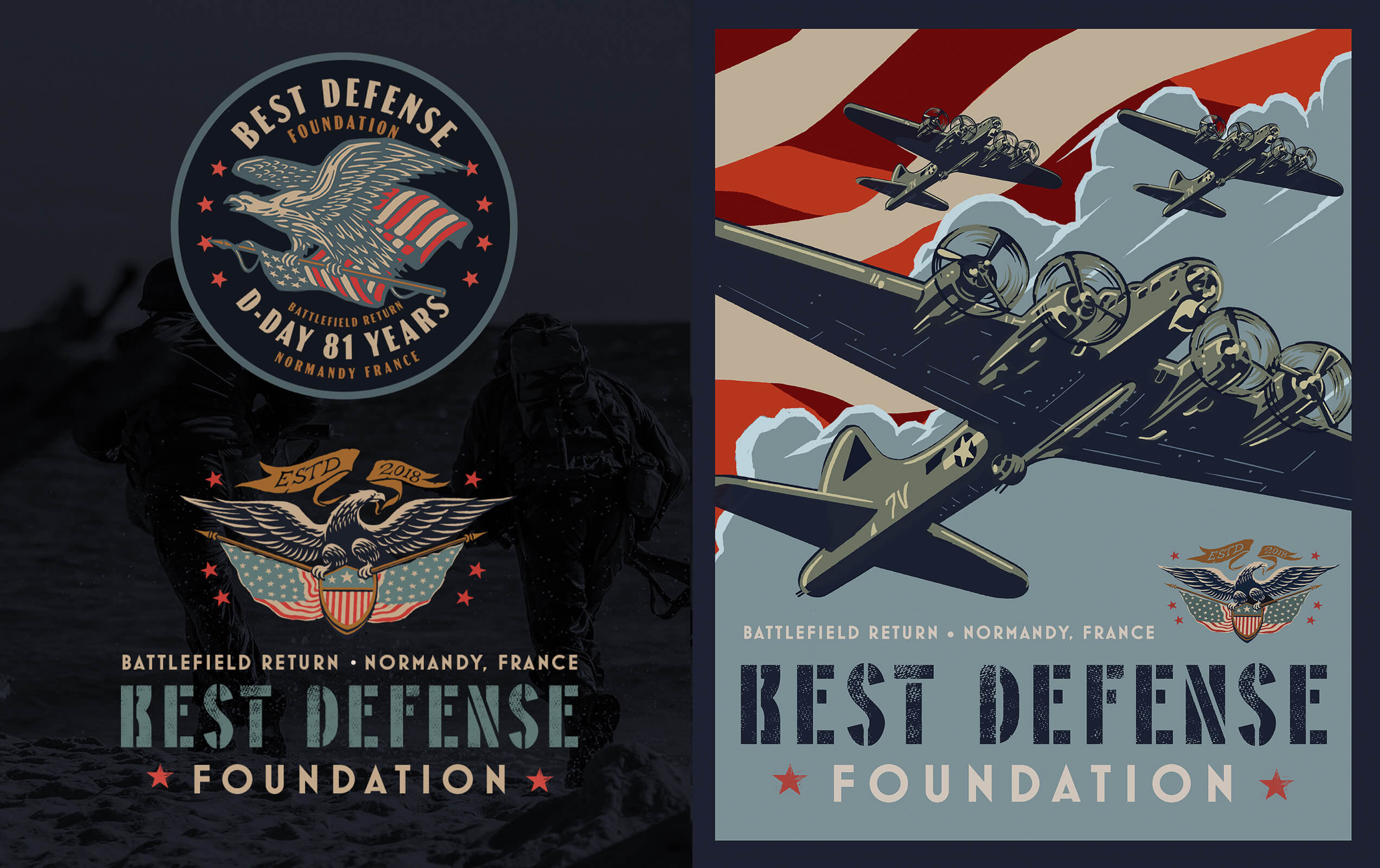 Two-part image showing World War II memorabilia for Best Defense Foundation honoring the 81st anniversary of D-Day in Normandy, France; left side features a dark photo of soldiers on a beach with patriotic eagle logos and text, right side displays vintage military planes flying over a stylized American flag sky with the foundation’s name and location.