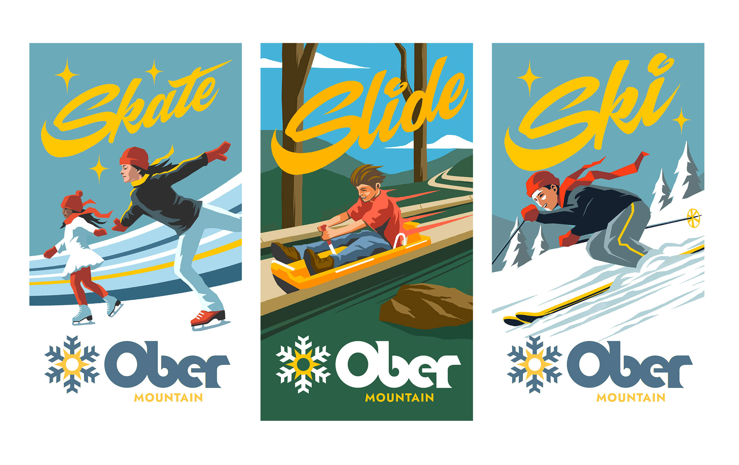 Three vintage-style posters promoting activities at Ober Mountain: on the left, two people ice skating wearing winter clothes and hats; in the center, a person sliding down a luge track with trees and mountains in the background; on the right, a skier wearing a red hat and scarf skiing downhill through snow-covered pine trees.