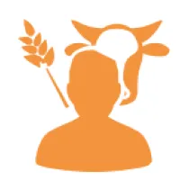 Orange silhouette of a person with a wheat stalk and cow head above.