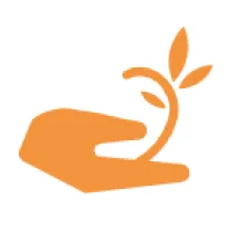 Orange hand holding a small sprouting plant with two leaves.