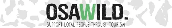 OSA WILD logo with slogan 'Support local people through tourism' on a gray patterned background.