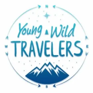 Logo with text 'Young Wild Travelers' inside a compass circle with mountain graphics at the bottom.