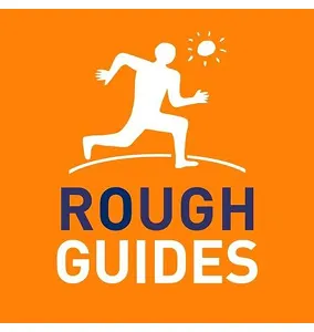 White silhouette of running person under sun above text 'ROUGH GUIDES' on orange background.