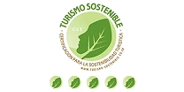 Logo with green leaf inside a circle and text promoting sustainable tourism and environmental care.