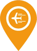 Orange map pin icon with a white airplane silhouette inside a white circle.
