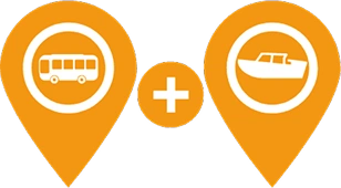 White icons of a bus and a boat with a plus sign between them on an orange background.