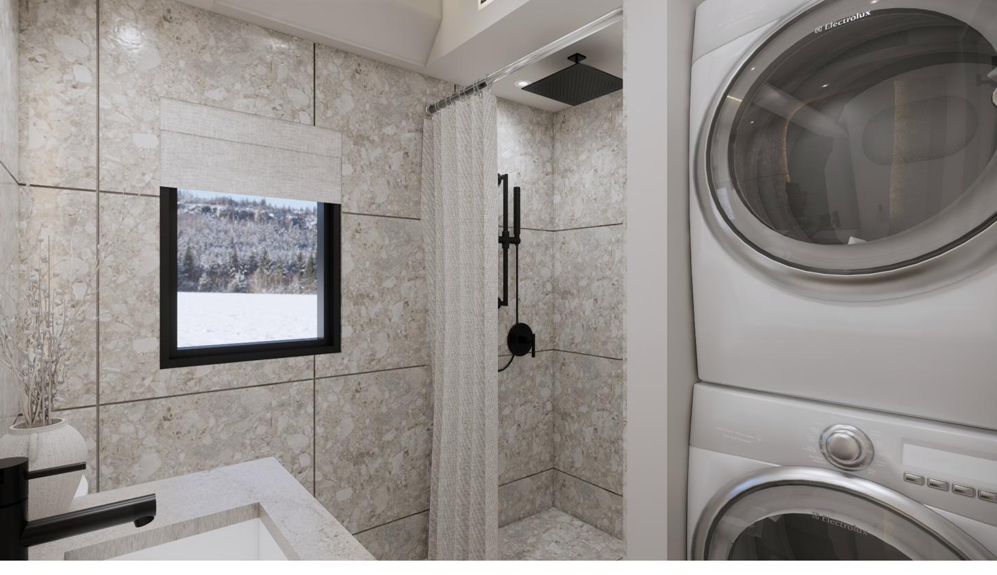 Capsule Nunavut bathroom with walk-in shower and stacked washer dryer