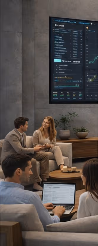 Two business professionals talking on a couch with two colleagues working on a laptop in the foreground, in a modern office with data charts displayed on a large screen.