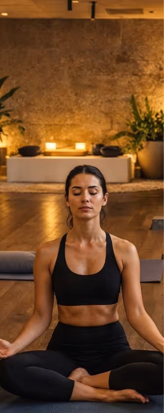 Woman in black sportswear sitting cross-legged and meditating indoors on a yoga mat with candles and plants in the background.