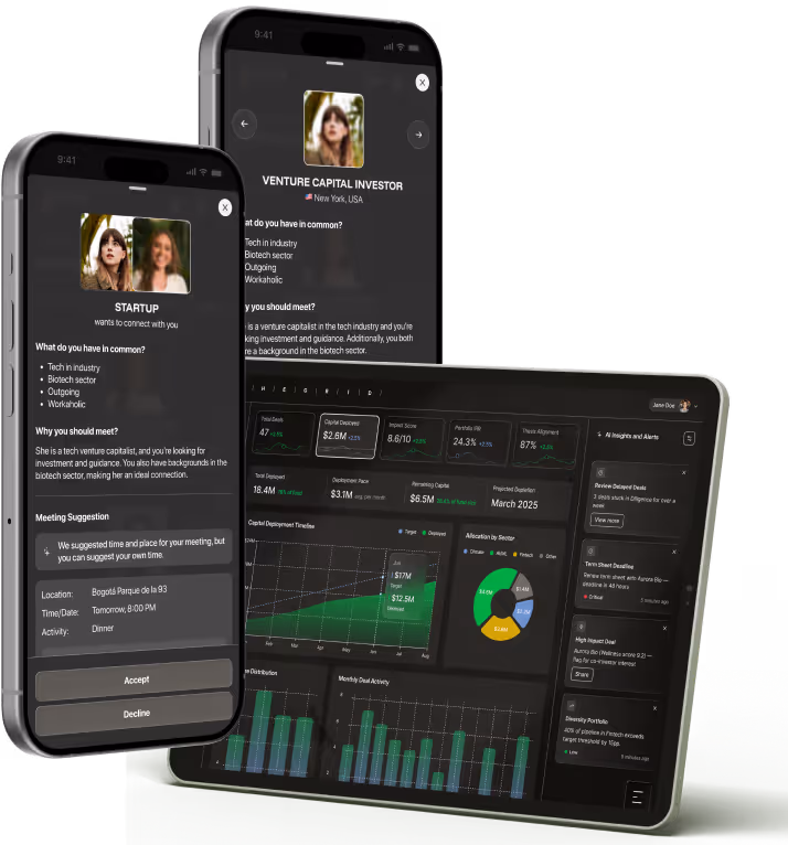 Mobile phones showing a startup networking app and a tablet displaying a financial dashboard with charts and portfolio details.