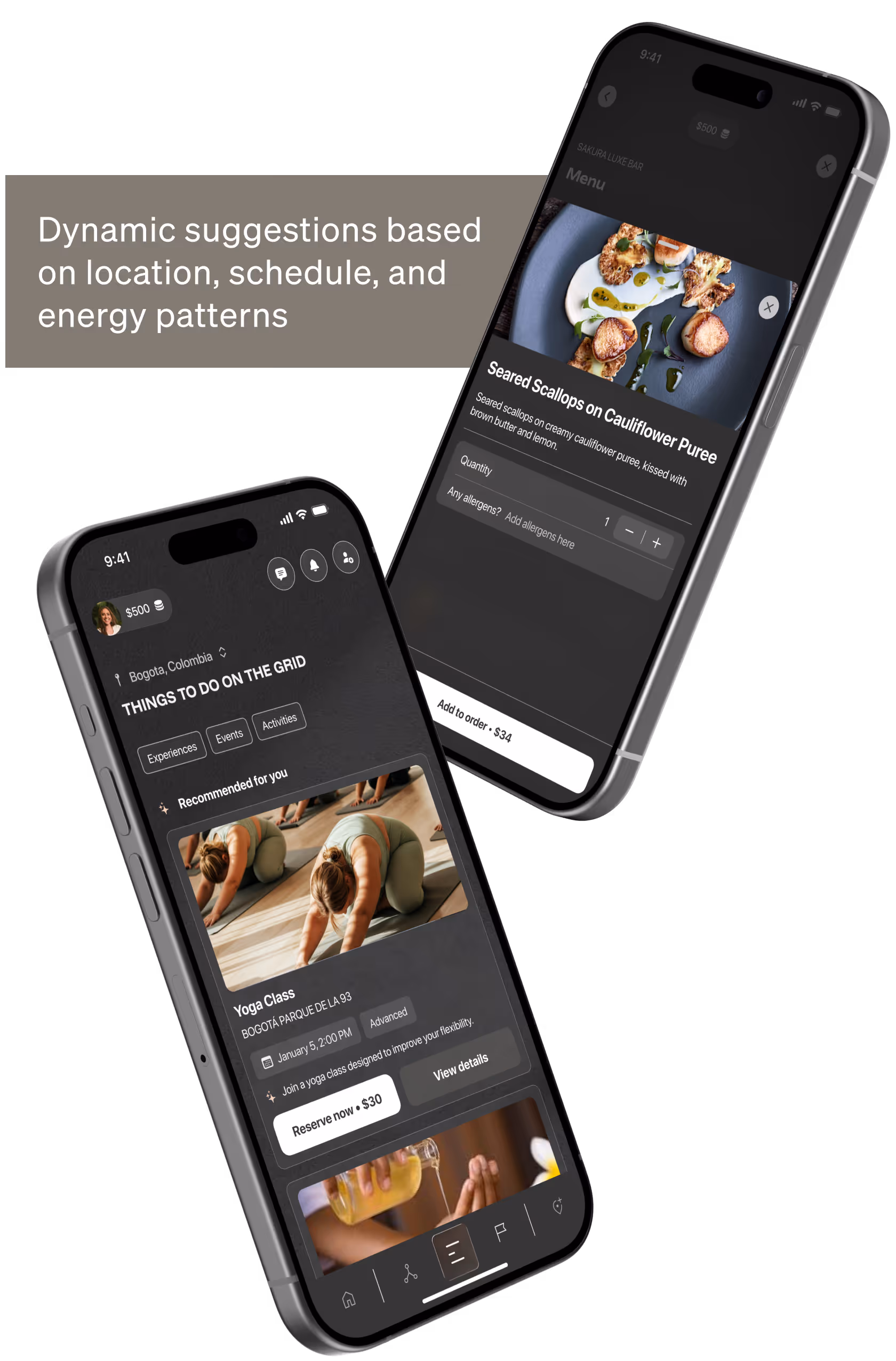 Two smartphones displaying dynamic app suggestions: one shows a yoga class booking in Bogota, the other shows a food menu for seared scallops with options to select quantity and add allergens.