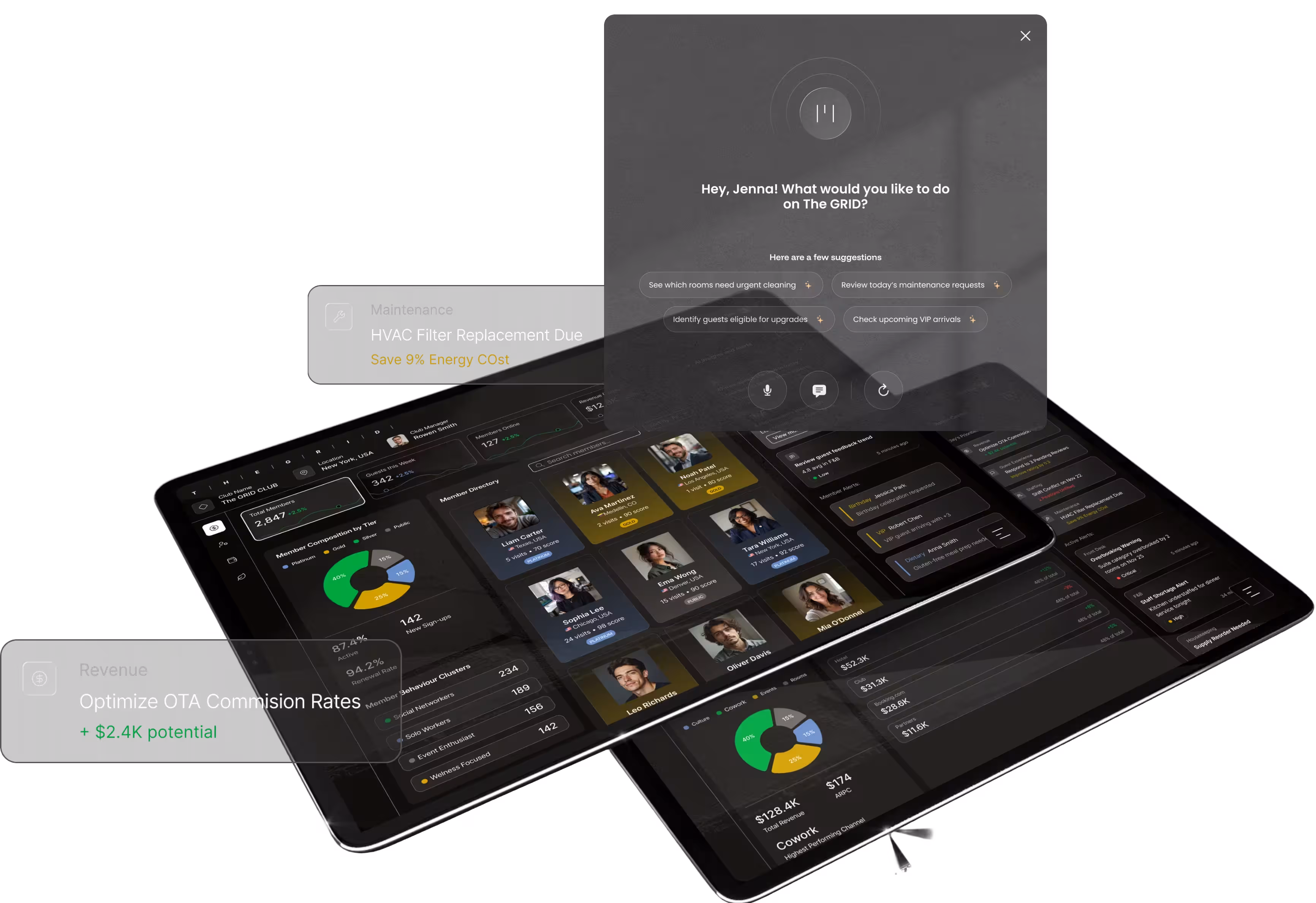 Tablet screen showing a dashboard with member profiles, behavior clusters, revenue charts, and maintenance suggestions for optimizing OTA commission rates and HVAC filter replacement.