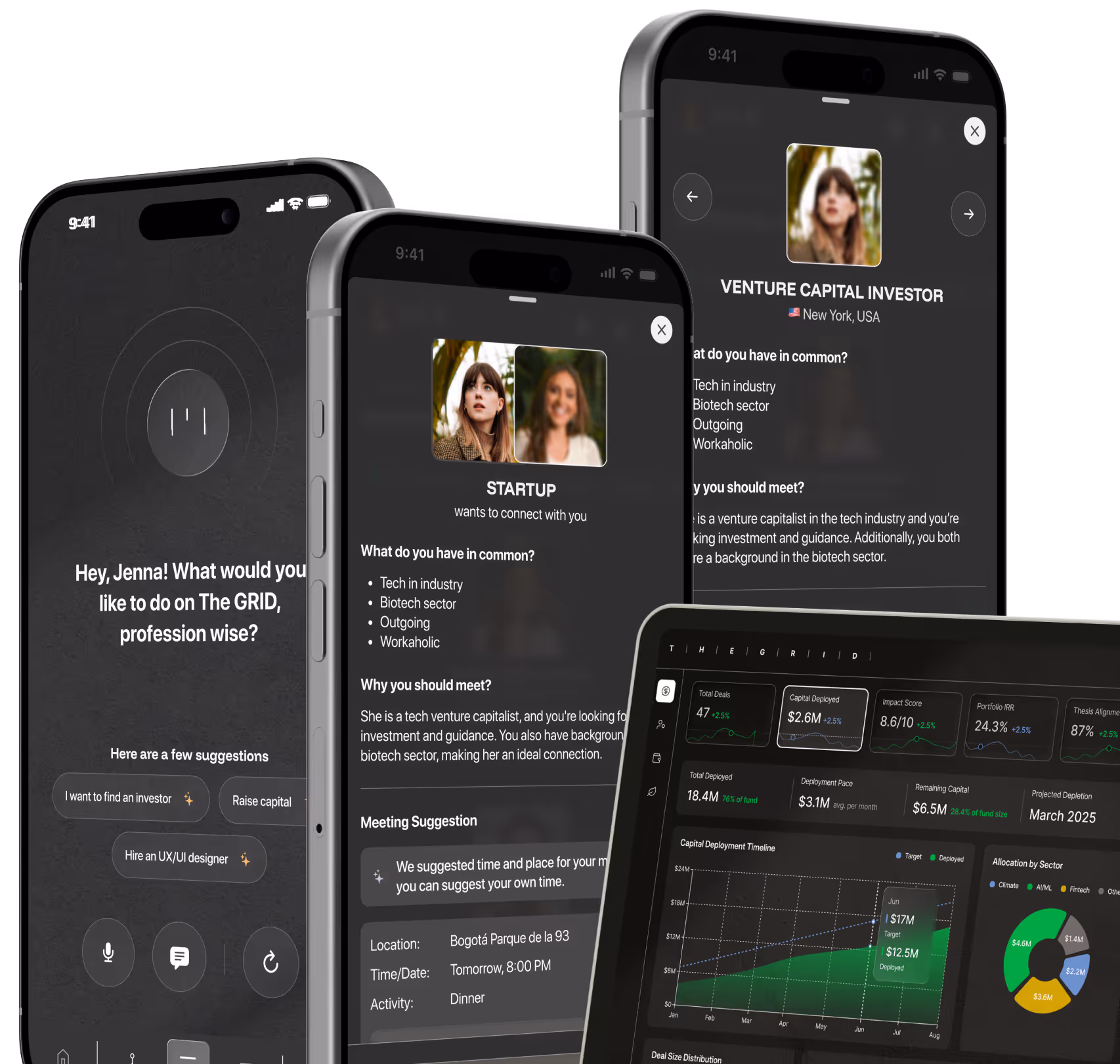 Three devices displaying The GRID app: a phone screen asking career goals, another showing a startup connection profile, and a tablet with investment dashboard charts.