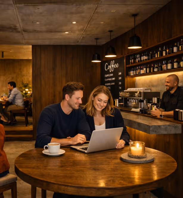 A couple smiling and looking at a laptop together at a wooden table in a cozy coffee shop with a lit candle and a cup of coffee.