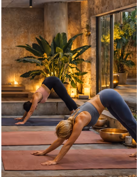Two women practicing downward dog yoga pose on mats in a cozy indoor space with plants and candles.