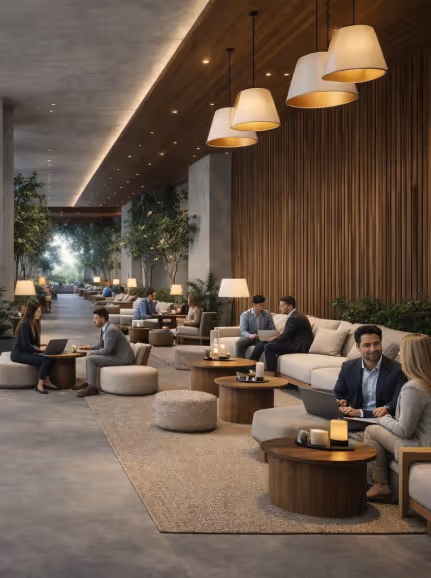 Modern lounge area with people sitting on beige sofas and round ottomans, wooden tables, pendant lights, and greenery along a wood-paneled wall.
