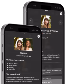 Two smartphones displaying a networking app with profiles of two women discussing common interests and reasons to meet.