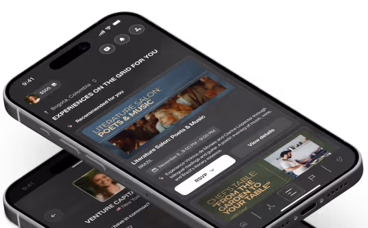 Smartphone screen showing an app interface with recommended events including 'Literature Salon: Poets & Music' and an RSVP button.