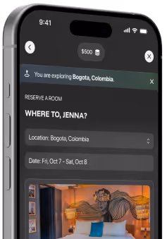 Smartphone screen showing a room reservation app set to Bogota, Colombia, with dates Fri, Oct 7 to Sat, Oct 8.