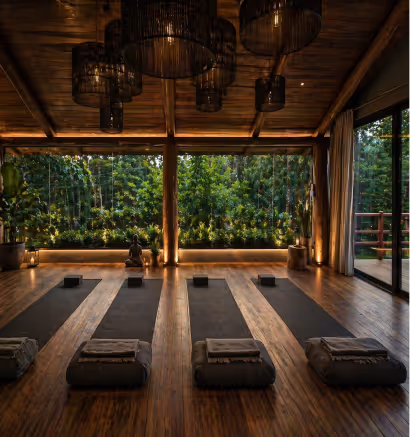 A serene yoga retreat space with four black mats and cushions on a wooden floor, surrounded by large windows showcasing lush greenery outside.