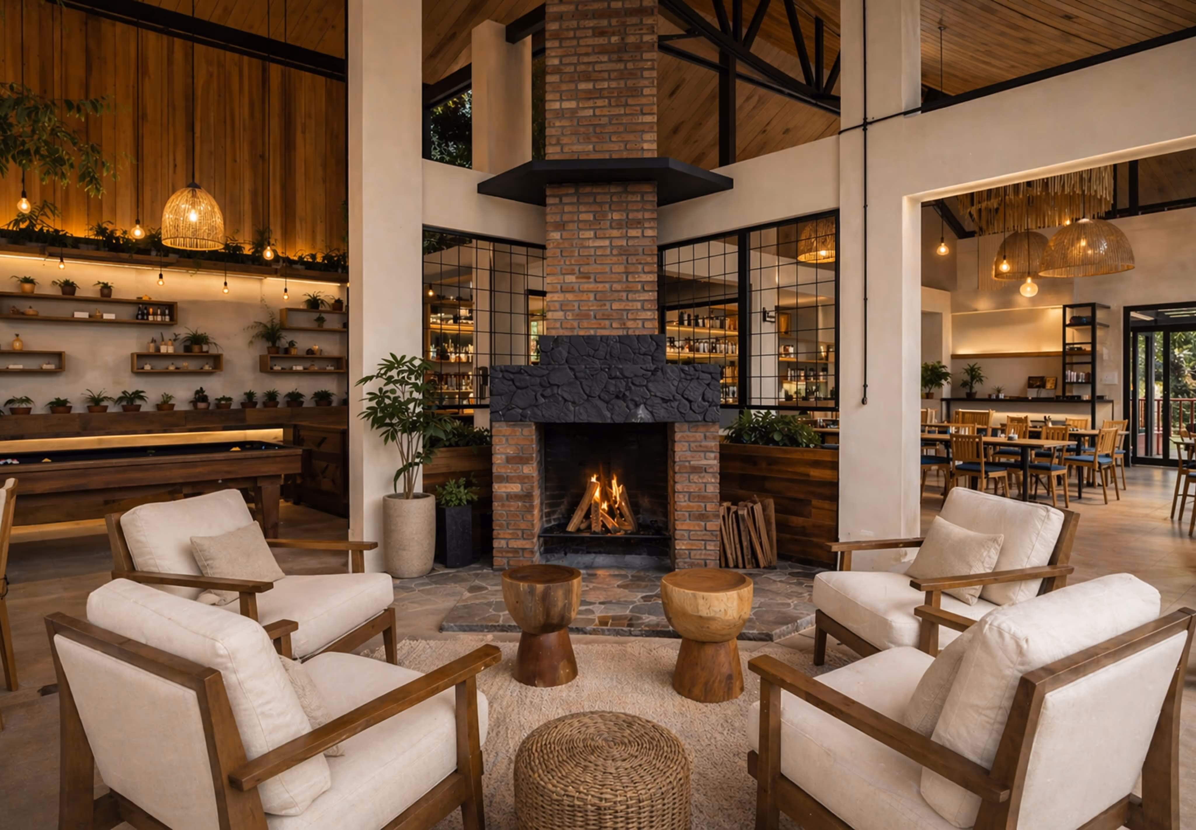Cozy modern living room with a lit brick fireplace surrounded by four cushioned armchairs and two wooden stools.