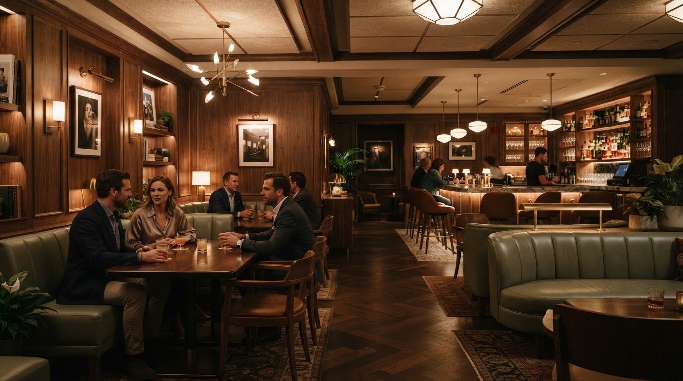 Restaurant lounge with guests in conversation