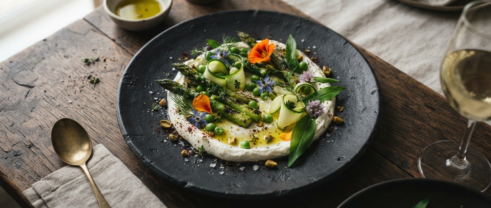 Grilled seasonal vegetables, labneh, herbs