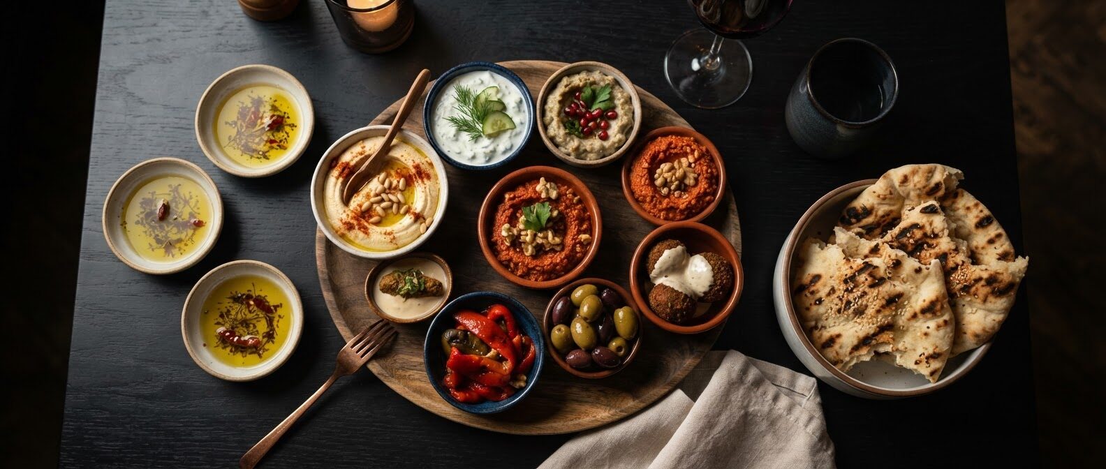 Shared dips, olives, warm flatbread