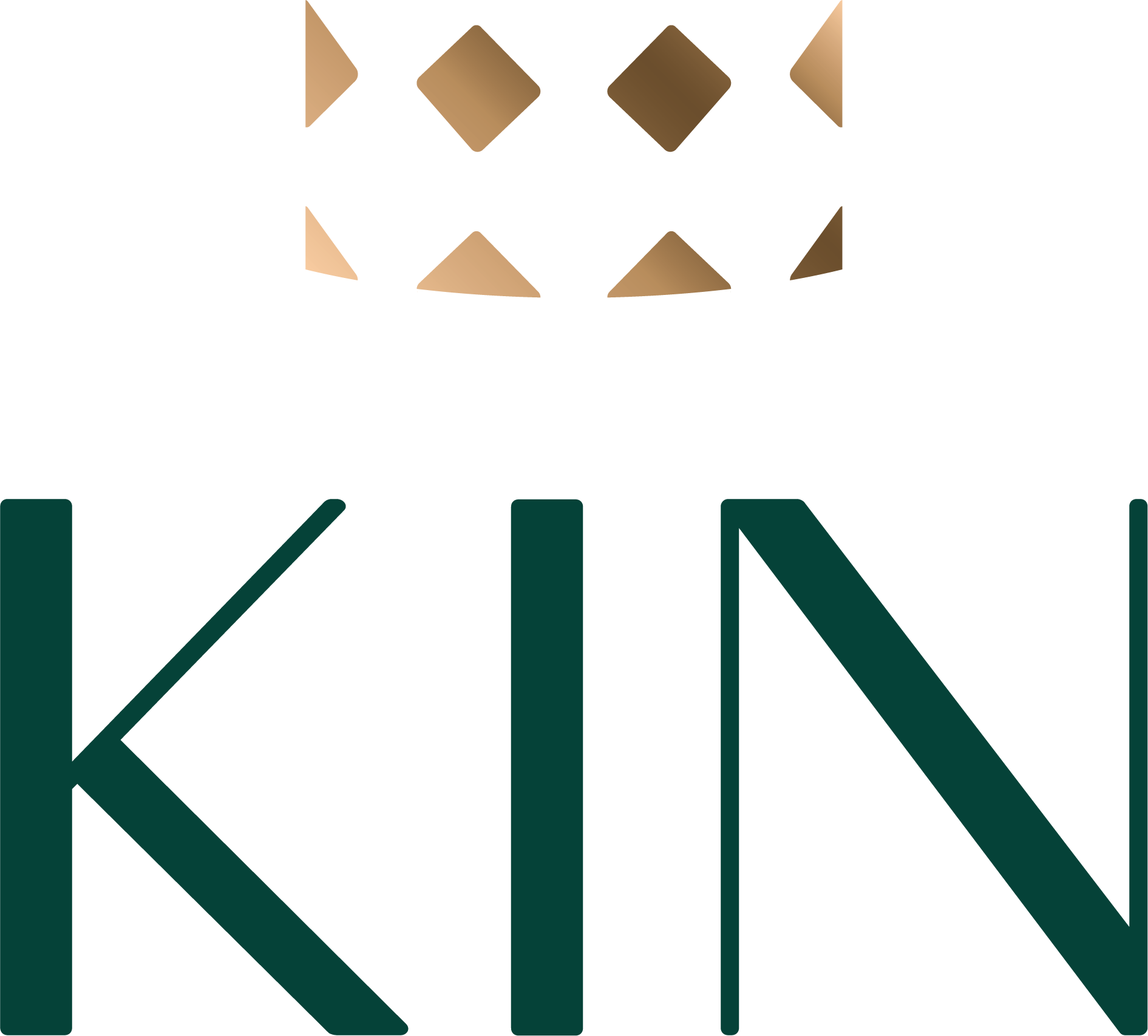 Partial crown graphic in gradient gold above large dark green letters spelling 'KIN'.