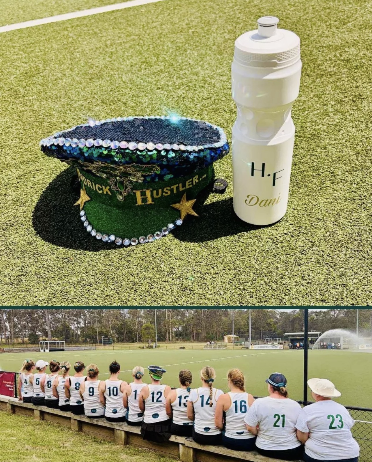 Green sequin cap and white water bottle on turf above a field hockey team seated on a bench with backs to the camera.