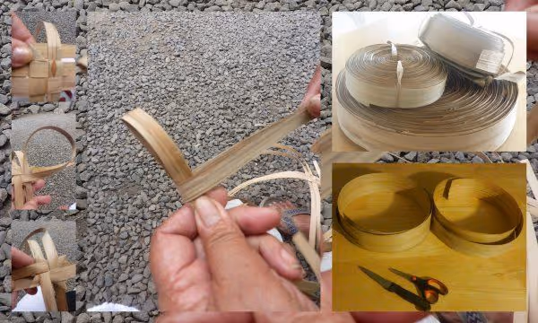 Hands weaving thin wooden strips on a gravel ground with inset images showing coiled wooden strips and finished round wooden baskets with scissors on a wooden surface.