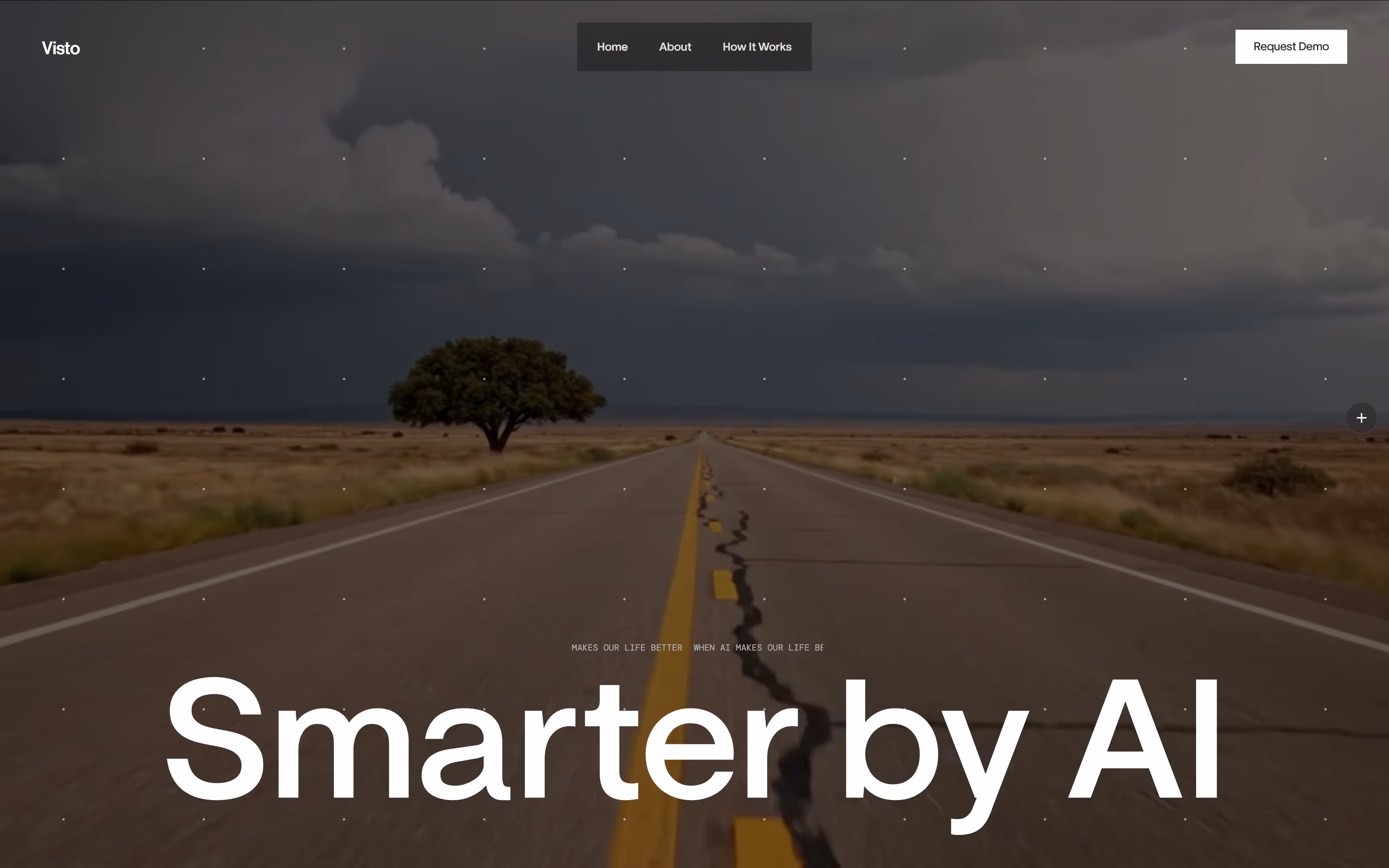 Long straight road with a tree on the left and dark storm clouds in the background, overlaid with website navigation and text 'Smarter by AI'.