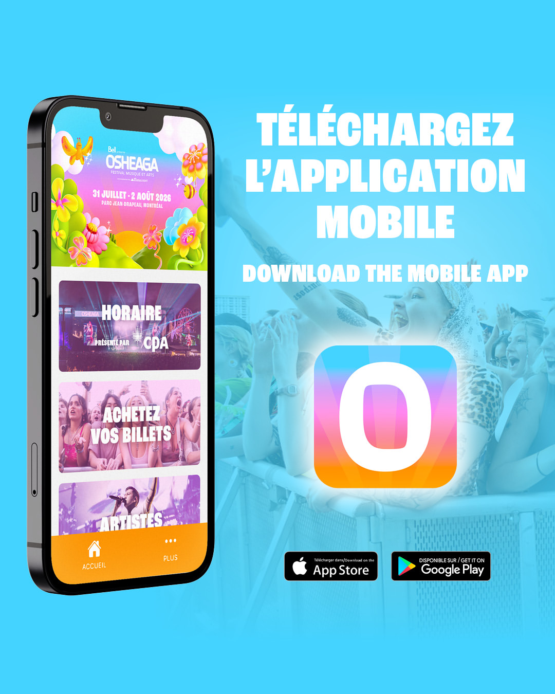 Application mobile officielle d'Osheaga 2026 pour consulter l'horaire et gérer ses billets