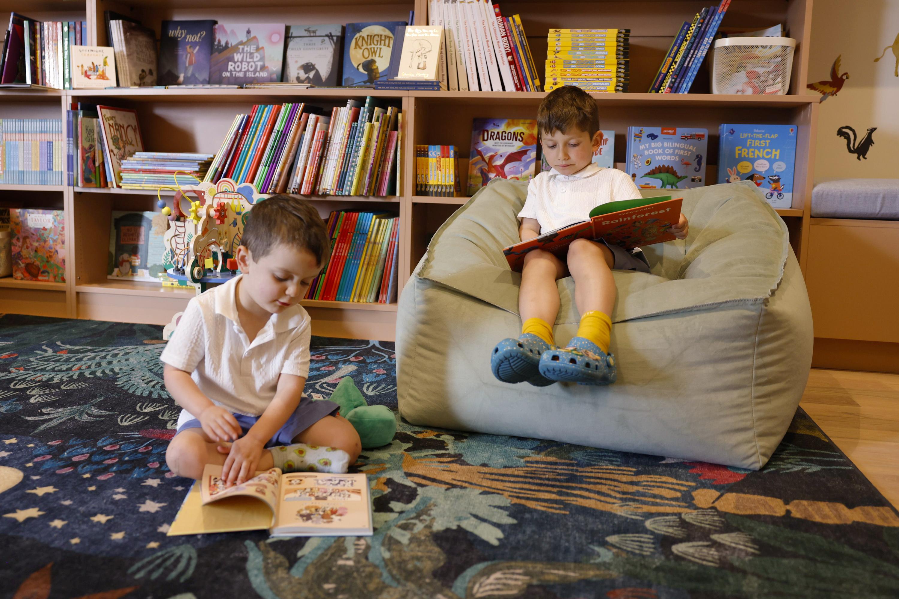 Two boys reading books in a cozy room with colorful shelves and a patterned carpet.